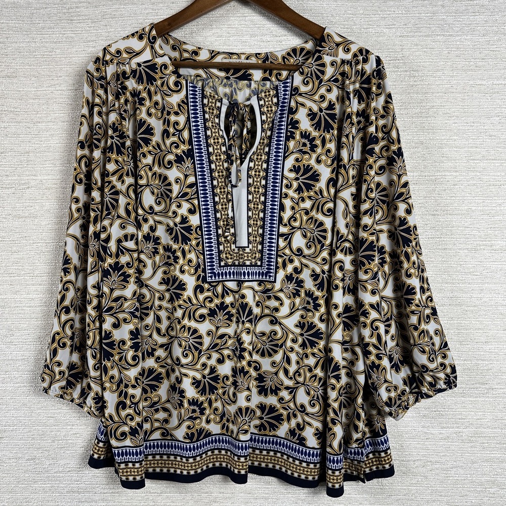 Roz & Ali 2X Aztec Geometric Blouse Floral Paisley‎ Navy Gold Preppy Career Top